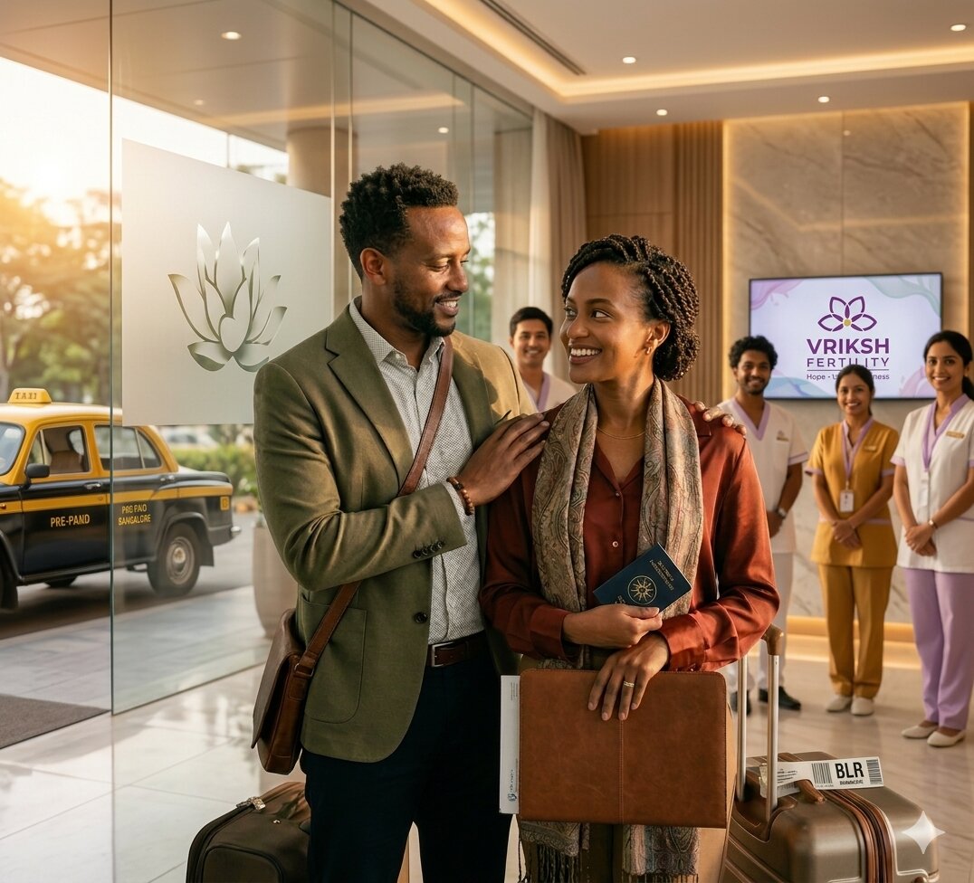 Ethiopian couple in warm consultation with fertility specialist at Vriksh Fertility, Bangalore