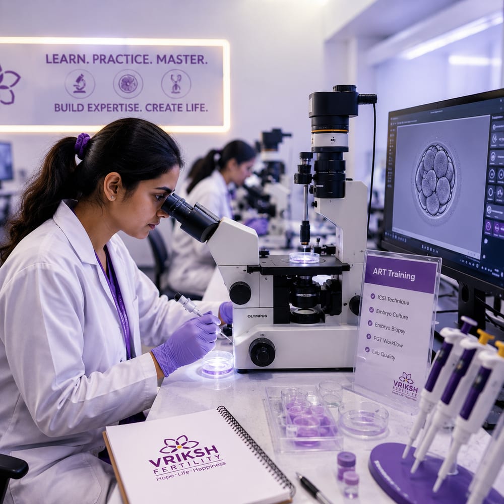 Embryologist performing ICSI at a microscope in the Vriksh Fertility Academy ART training lab